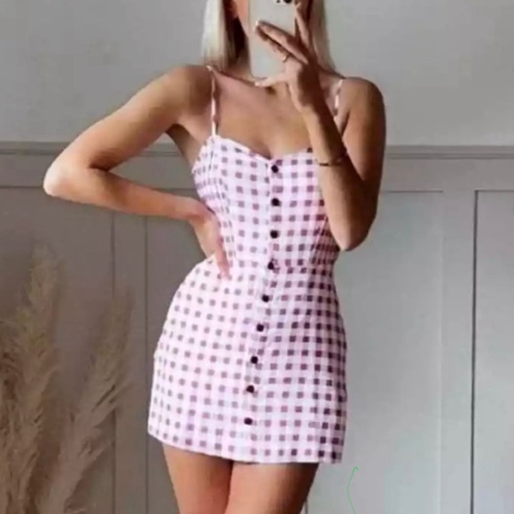ZARA Pink Gingham Checked Buttoned Linen Playsuit Jumpsuit Dress - Picture 9 of 11